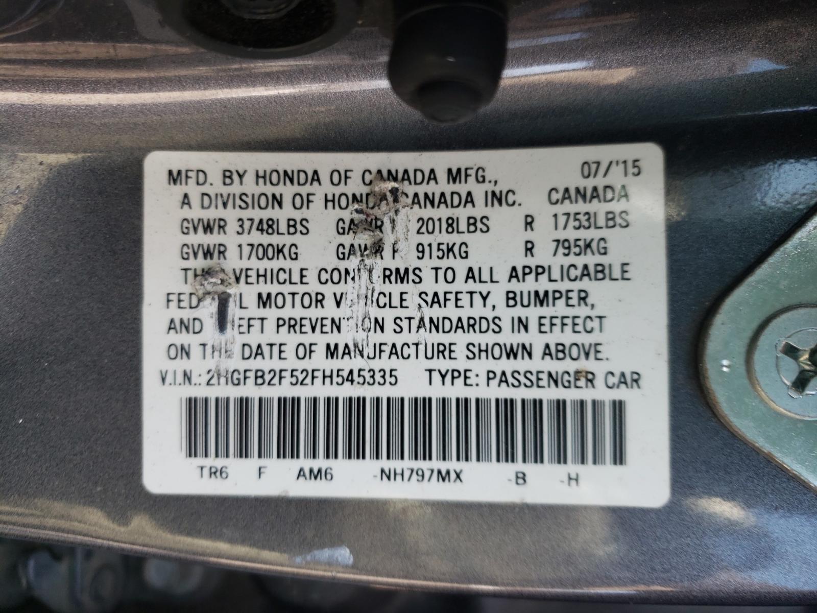 Photo 9 VIN: 2HGFB2F52FH545335 - HONDA CIVIC LX 