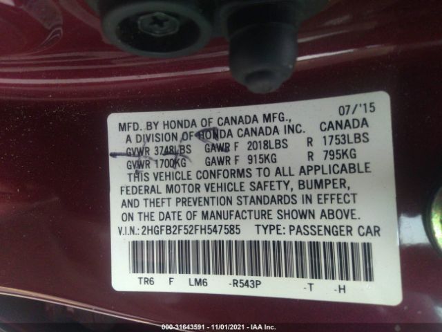 Photo 8 VIN: 2HGFB2F52FH547585 - HONDA CIVIC SEDAN 