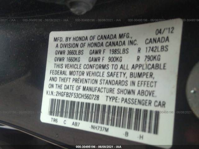 Photo 8 VIN: 2HGFB2F53CH560728 - HONDA CIVIC SDN 