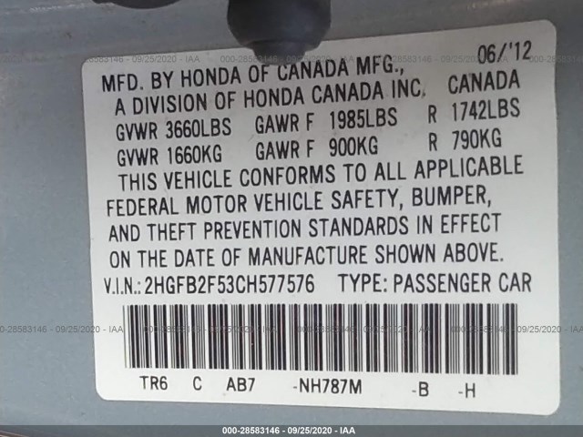 Photo 8 VIN: 2HGFB2F53CH577576 - HONDA CIVIC SDN 