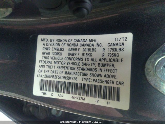 Photo 8 VIN: 2HGFB2F53DH504726 - HONDA CIVIC SDN 