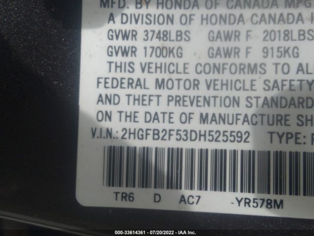 Photo 8 VIN: 2HGFB2F53DH525592 - HONDA CIVIC SDN 