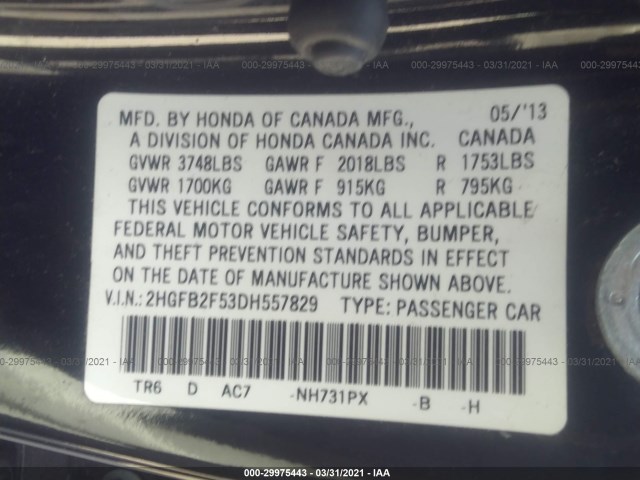 Photo 8 VIN: 2HGFB2F53DH557829 - HONDA CIVIC SDN 