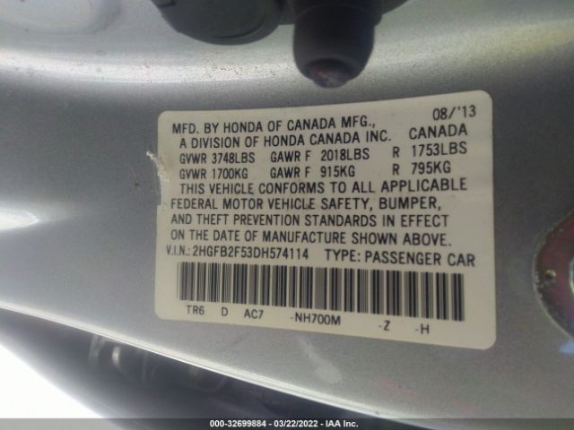 Photo 8 VIN: 2HGFB2F53DH574114 - HONDA CIVIC SDN 