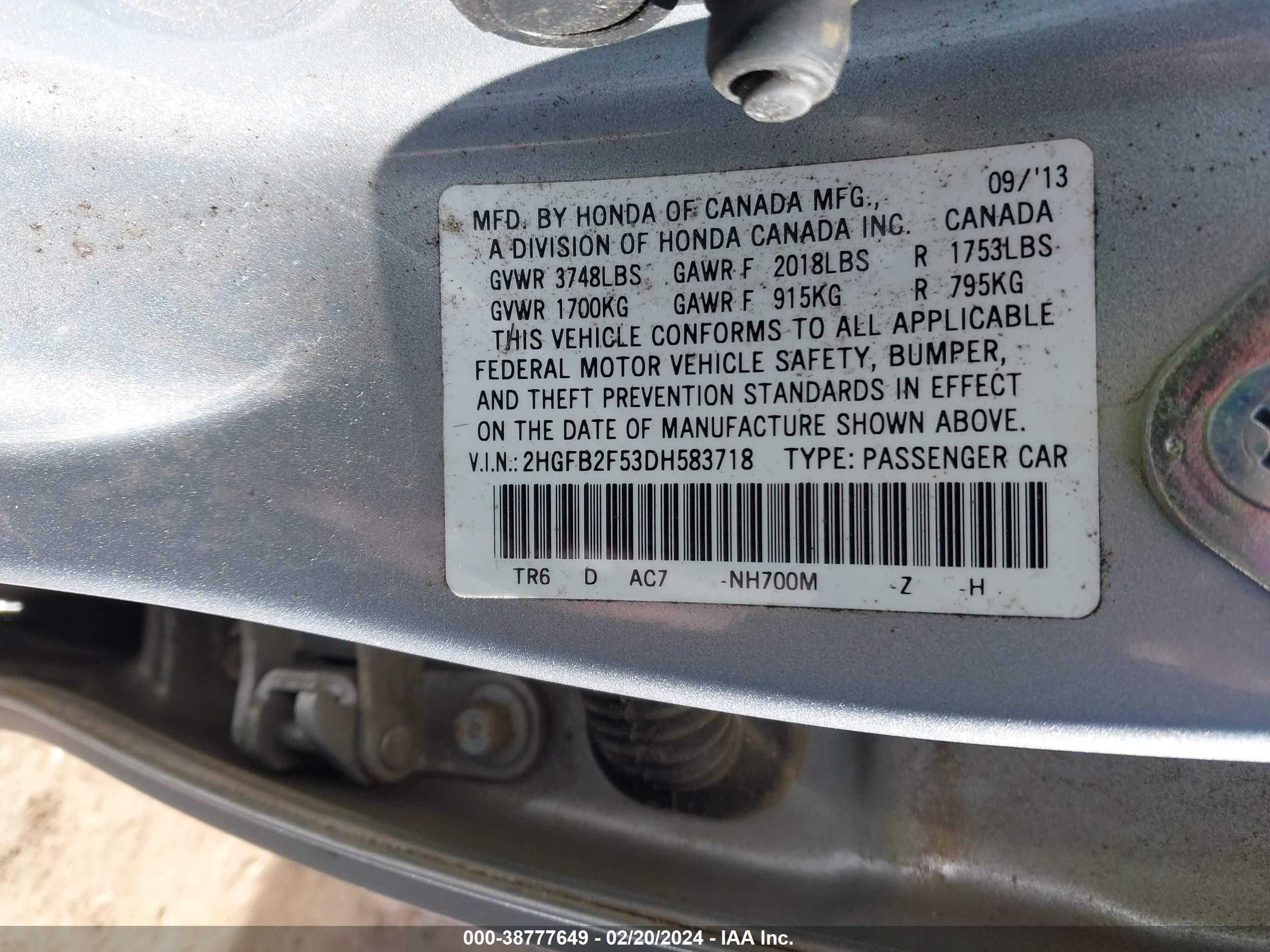 Photo 8 VIN: 2HGFB2F53DH583718 - HONDA CIVIC 