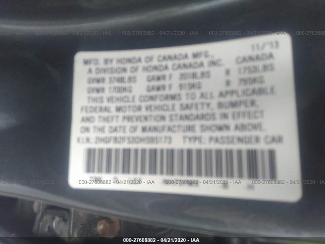 Photo 8 VIN: 2HGFB2F53DH595173 - HONDA CIVIC SDN 