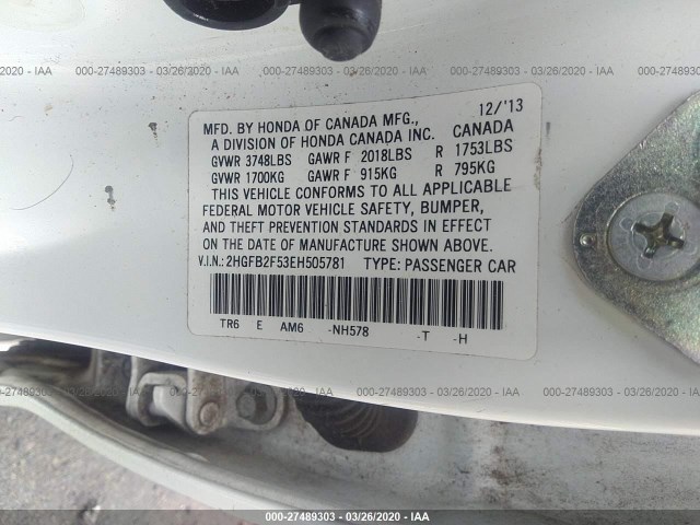 Photo 8 VIN: 2HGFB2F53EH505781 - HONDA CIVIC SEDAN 