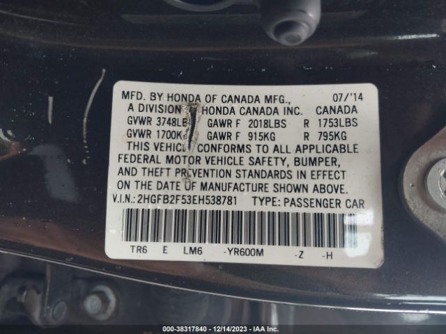 Photo 8 VIN: 2HGFB2F53EH538781 - HONDA CIVIC 