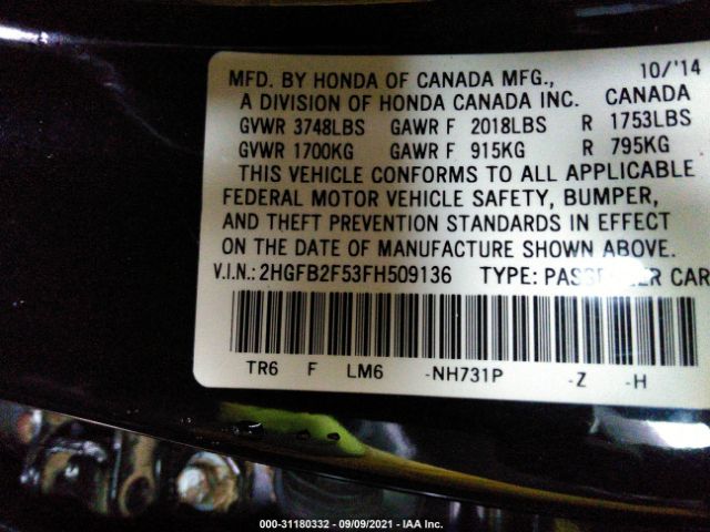 Photo 8 VIN: 2HGFB2F53FH509136 - HONDA CIVIC SEDAN 