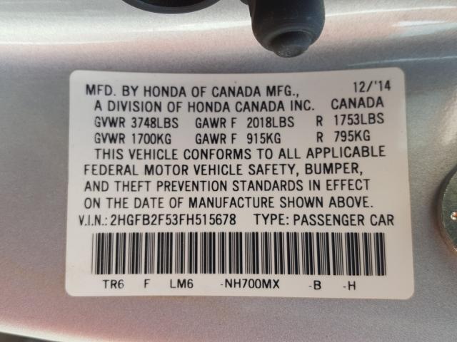 Photo 9 VIN: 2HGFB2F53FH515678 - HONDA CIVIC LX 