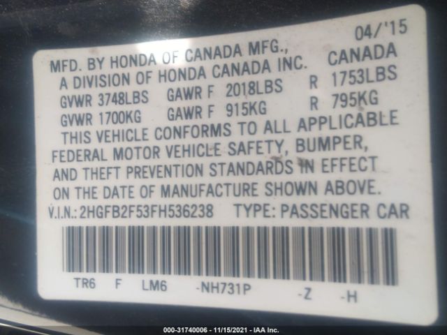 Photo 8 VIN: 2HGFB2F53FH536238 - HONDA CIVIC SEDAN 