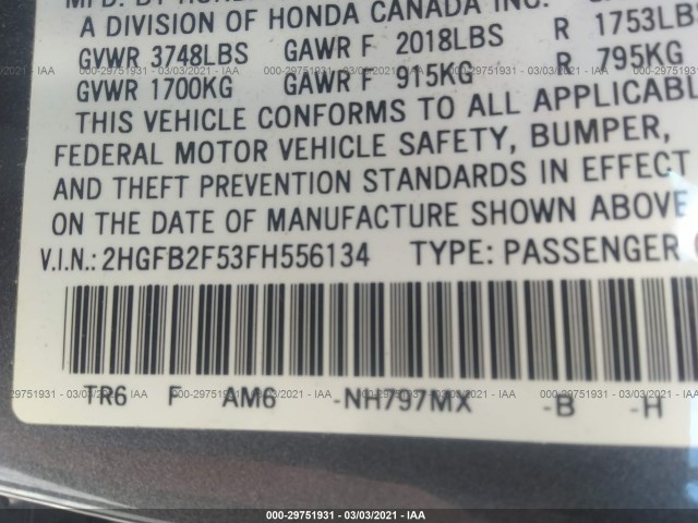 Photo 8 VIN: 2HGFB2F53FH556134 - HONDA CIVIC SEDAN 