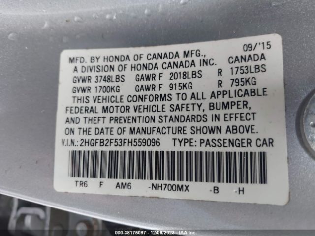 Photo 8 VIN: 2HGFB2F53FH559096 - HONDA CIVIC 