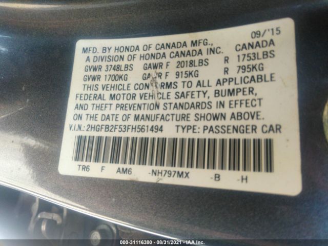 Photo 8 VIN: 2HGFB2F53FH561494 - HONDA CIVIC SEDAN 