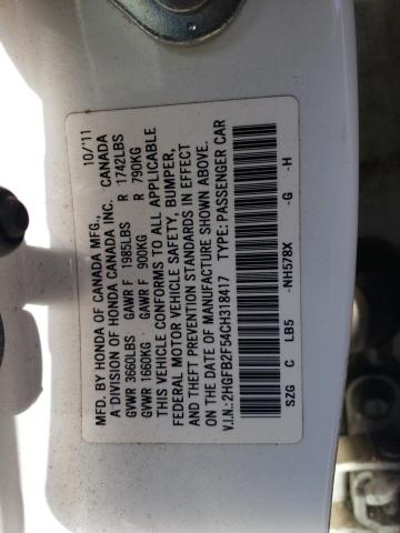 Photo 11 VIN: 2HGFB2F54CH318417 - HONDA CIVIC LX 