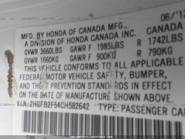 Photo 8 VIN: 2HGFB2F54CH582642 - HONDA CIVIC SDN 