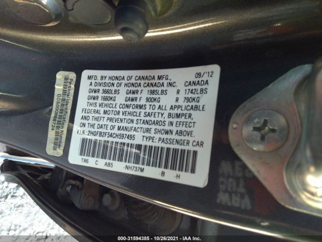 Photo 8 VIN: 2HGFB2F54CH597495 - HONDA CIVIC SDN 