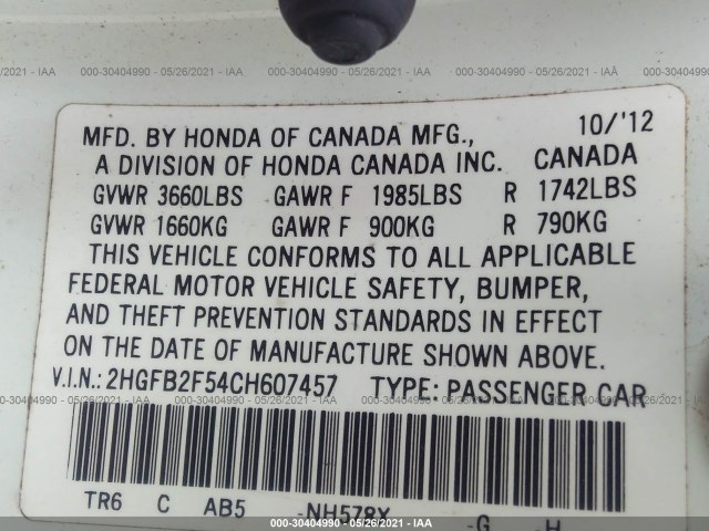 Photo 8 VIN: 2HGFB2F54CH607457 - HONDA CIVIC SDN 