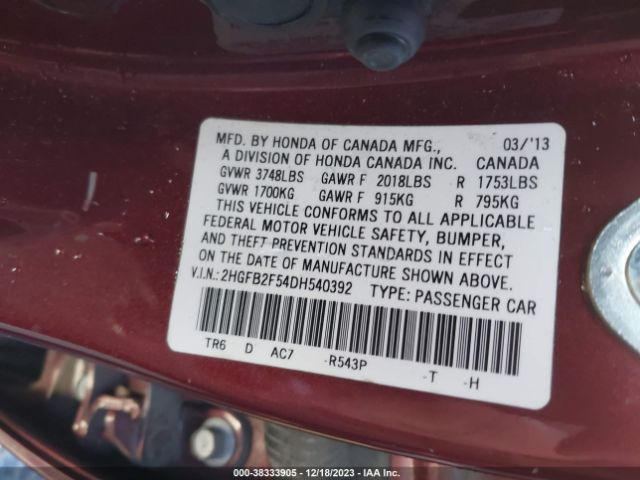 Photo 8 VIN: 2HGFB2F54DH540392 - HONDA CIVIC 