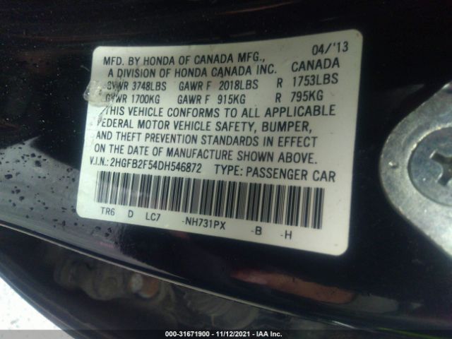 Photo 8 VIN: 2HGFB2F54DH546872 - HONDA CIVIC SDN 