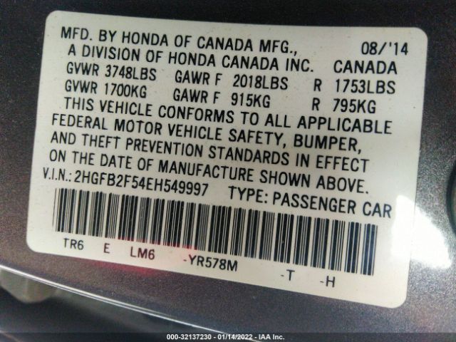 Photo 8 VIN: 2HGFB2F54EH549997 - HONDA CIVIC SEDAN 