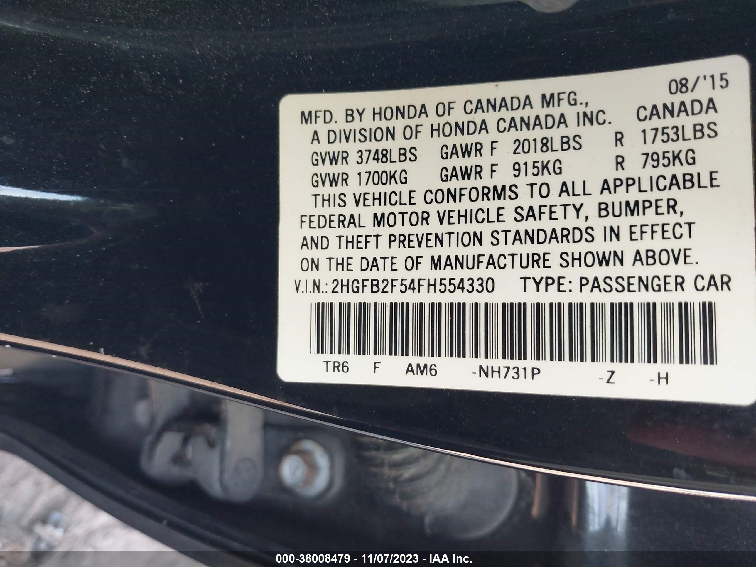 Photo 8 VIN: 2HGFB2F54FH554330 - HONDA CIVIC 