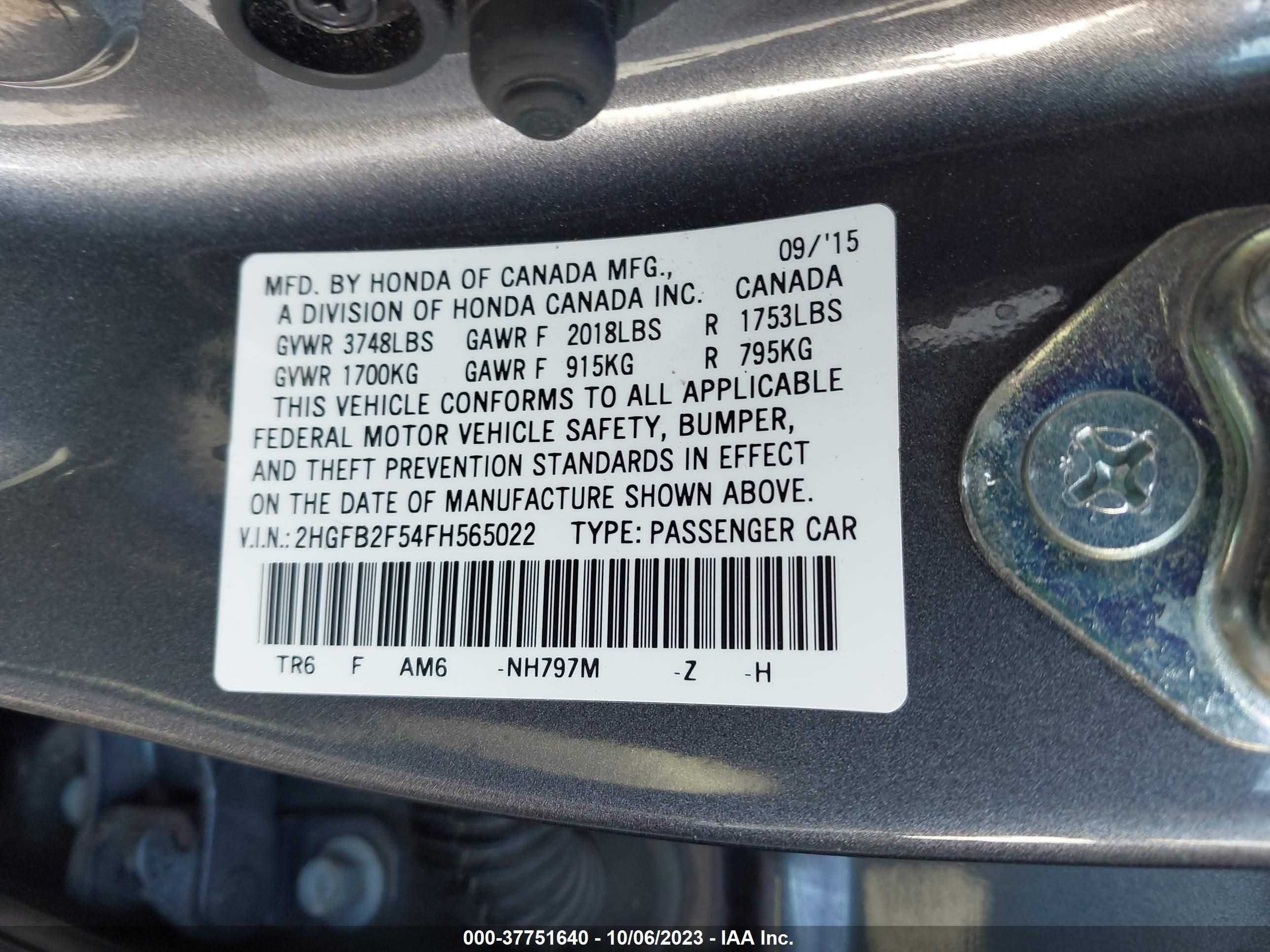 Photo 8 VIN: 2HGFB2F54FH565022 - HONDA CIVIC SEDAN 