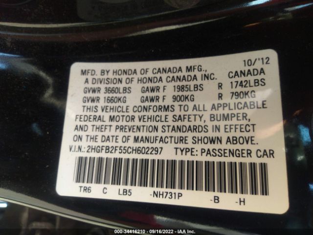 Photo 8 VIN: 2HGFB2F55CH602297 - HONDA CIVIC SDN 