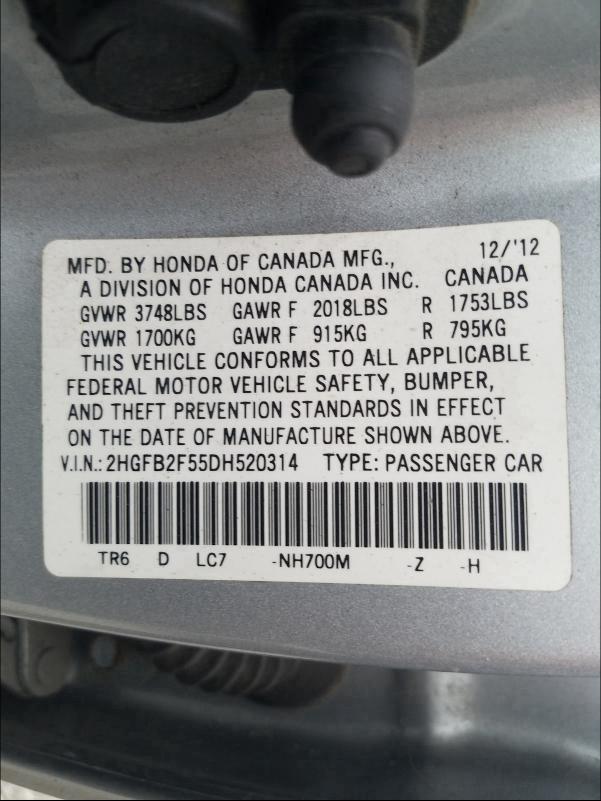 Photo 9 VIN: 2HGFB2F55DH520314 - HONDA CIVIC LX 