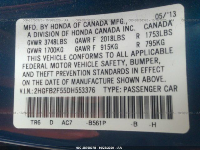 Photo 8 VIN: 2HGFB2F55DH553376 - HONDA CIVIC SDN 