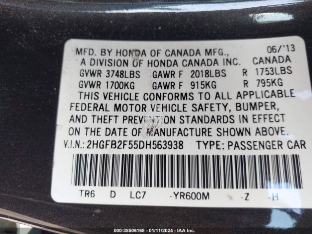 Photo 8 VIN: 2HGFB2F55DH563938 - HONDA CIVIC 