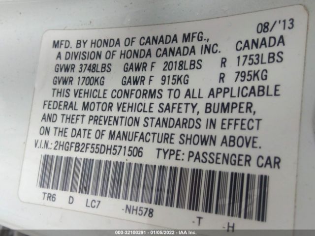 Photo 8 VIN: 2HGFB2F55DH571506 - HONDA CIVIC SDN 