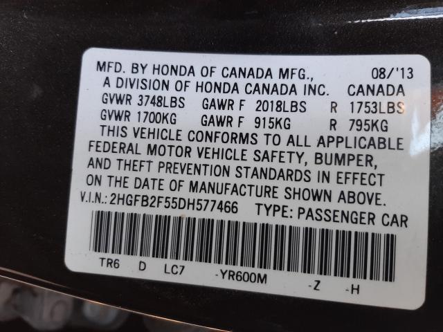 Photo 9 VIN: 2HGFB2F55DH577466 - HONDA CIVIC LX 