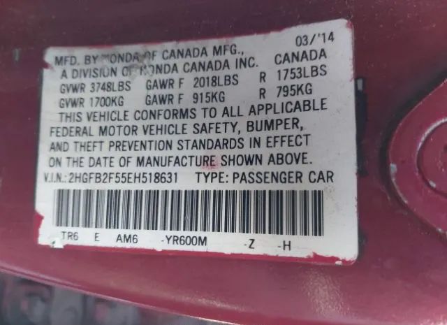 Photo 8 VIN: 2HGFB2F55EH518631 - HONDA CIVIC 