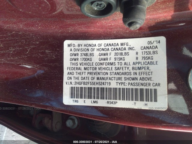 Photo 8 VIN: 2HGFB2F55EH524719 - HONDA CIVIC SEDAN 