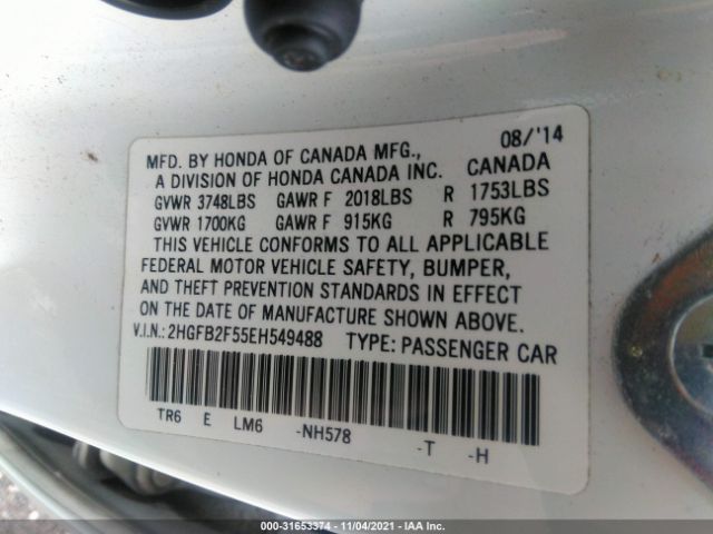 Photo 8 VIN: 2HGFB2F55EH549488 - HONDA CIVIC SEDAN 