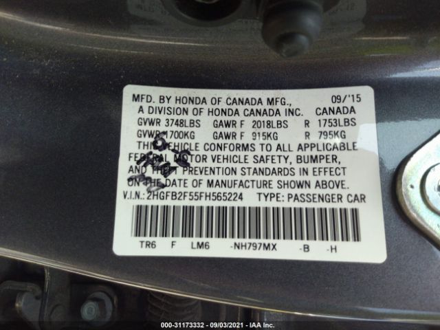 Photo 8 VIN: 2HGFB2F55FH565224 - HONDA CIVIC SEDAN 