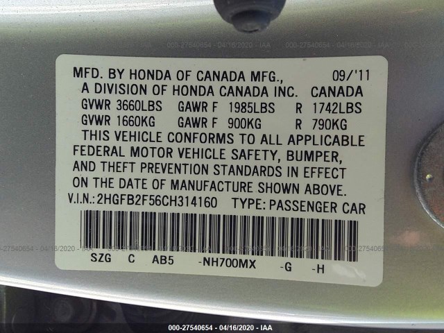 Photo 8 VIN: 2HGFB2F56CH314160 - HONDA CIVIC SDN 