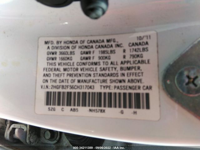 Photo 8 VIN: 2HGFB2F56CH317043 - HONDA CIVIC SDN 