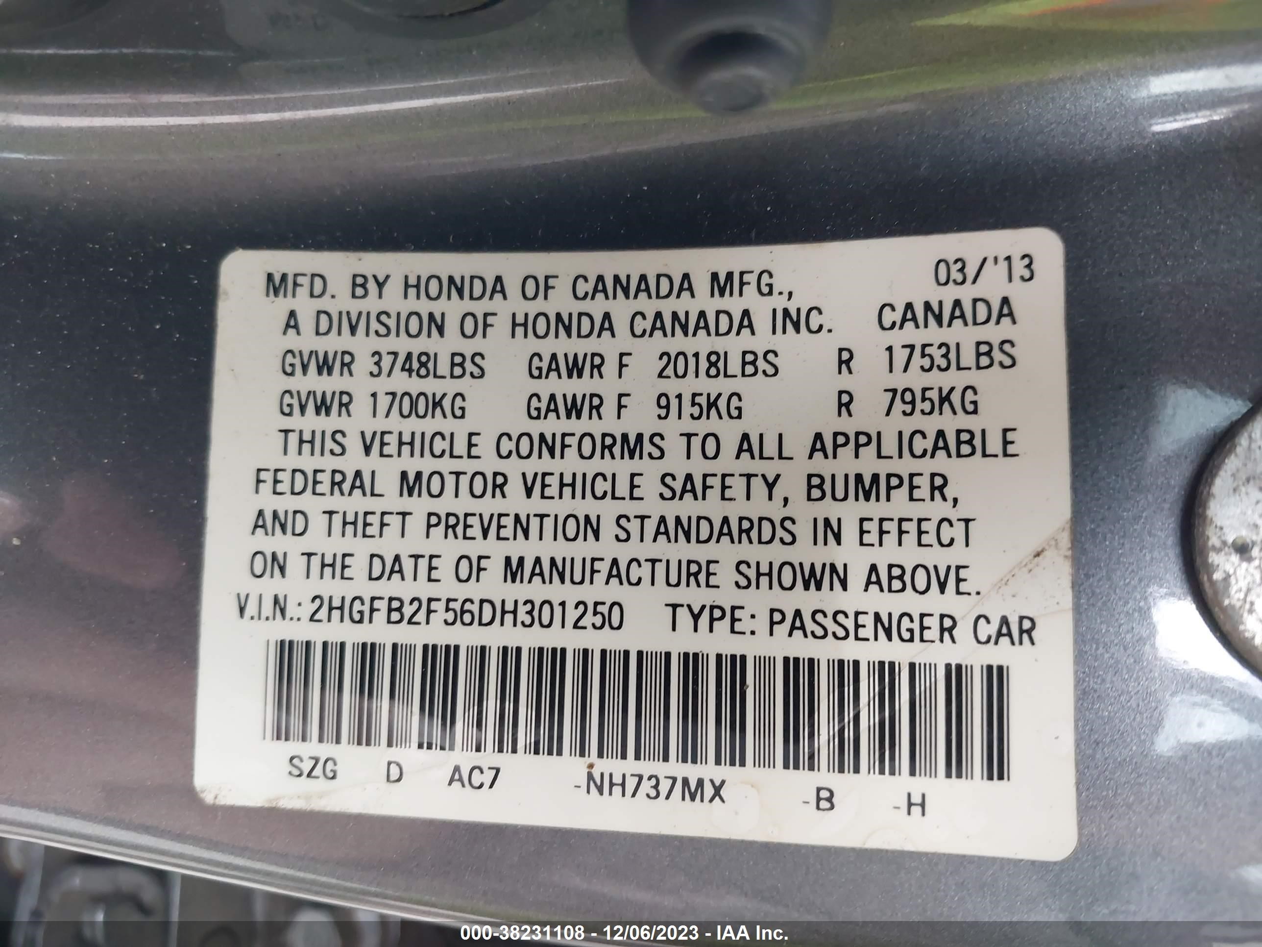 Photo 8 VIN: 2HGFB2F56DH301250 - HONDA CIVIC 