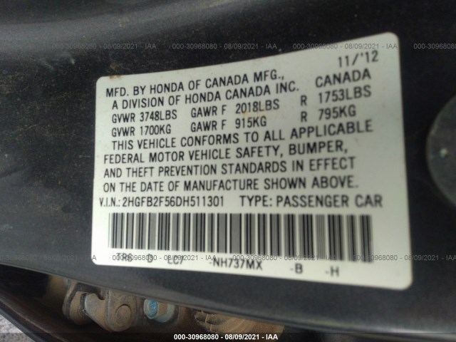 Photo 8 VIN: 2HGFB2F56DH511301 - HONDA CIVIC SDN 