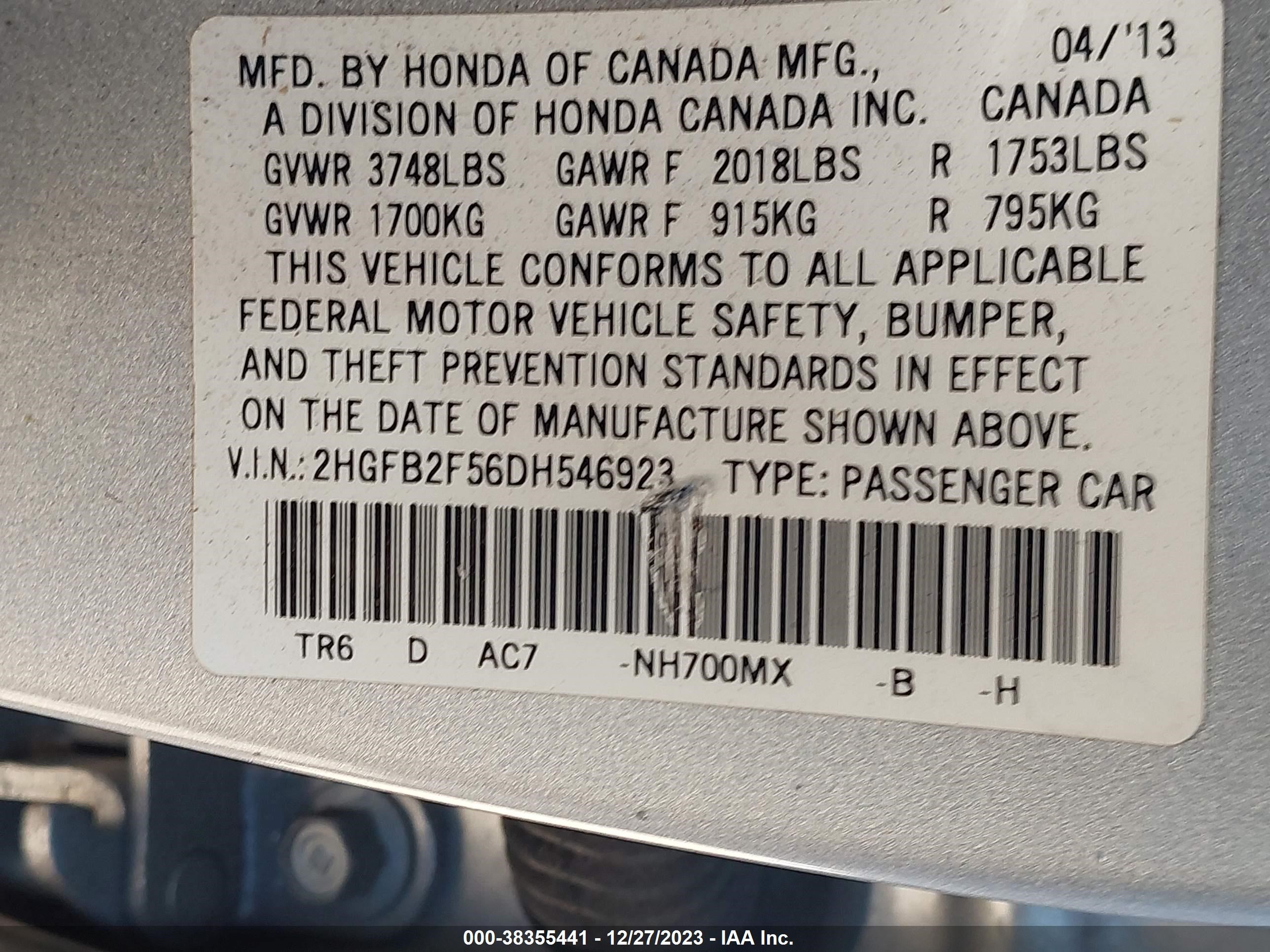 Photo 8 VIN: 2HGFB2F56DH546923 - HONDA CIVIC 