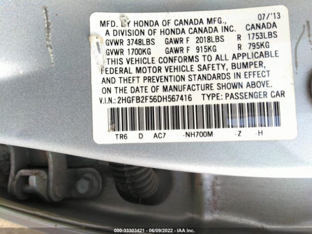 Photo 8 VIN: 2HGFB2F56DH567416 - HONDA CIVIC SDN 