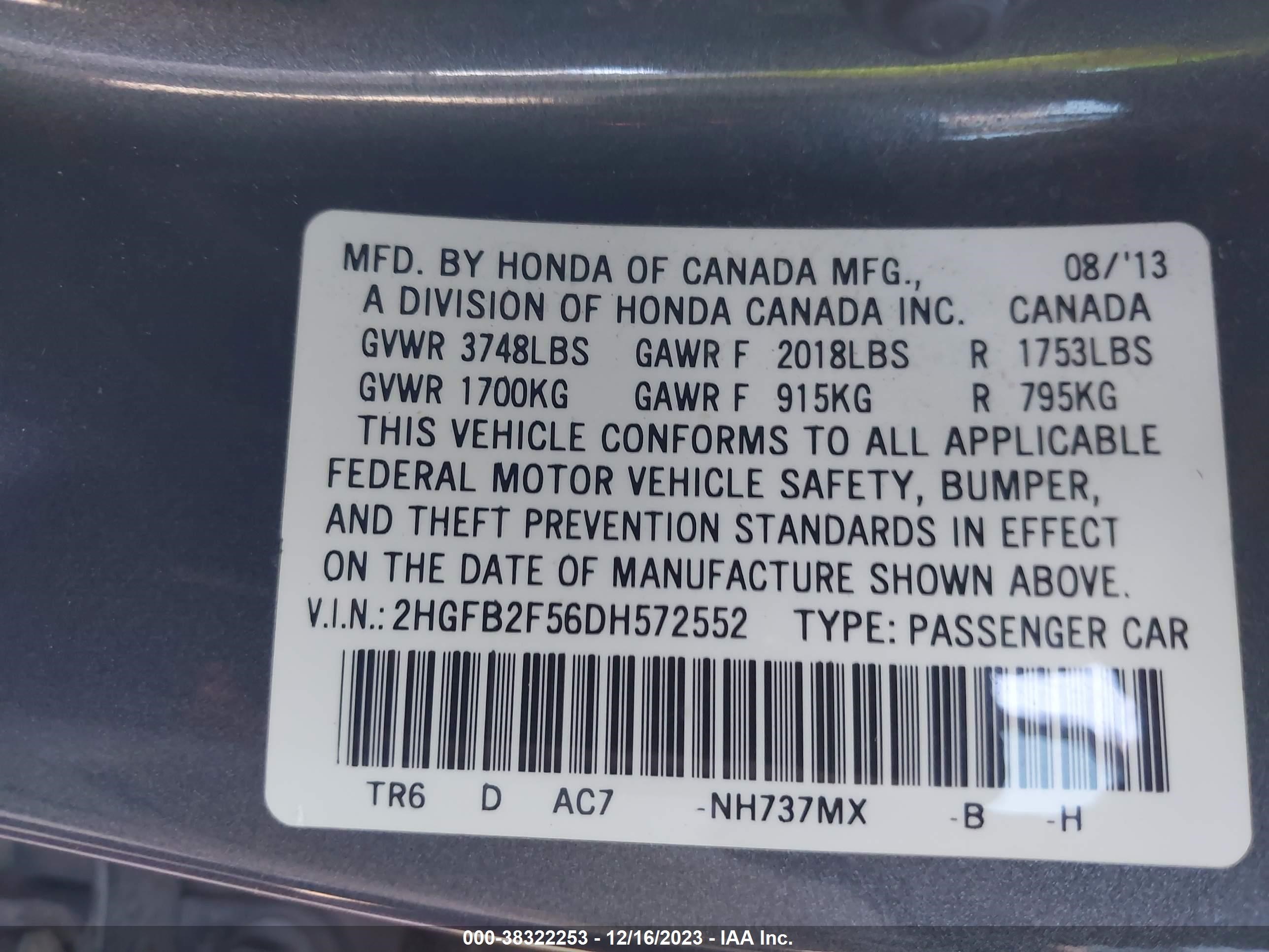 Photo 8 VIN: 2HGFB2F56DH572552 - HONDA CIVIC 