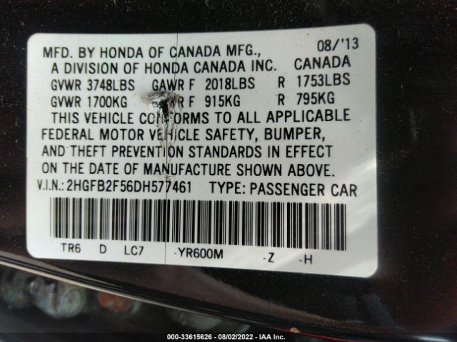 Photo 8 VIN: 2HGFB2F56DH577461 - HONDA CIVIC SDN 