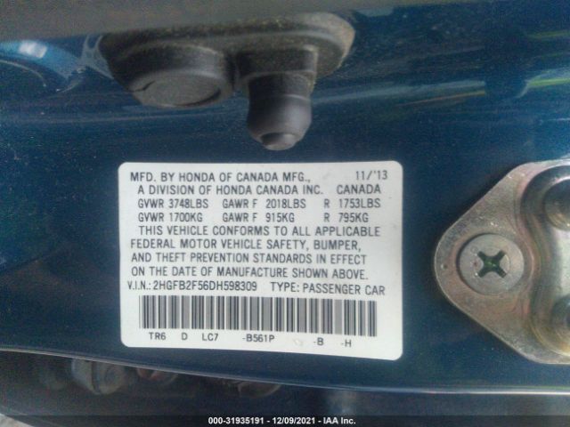 Photo 8 VIN: 2HGFB2F56DH598309 - HONDA CIVIC SDN 