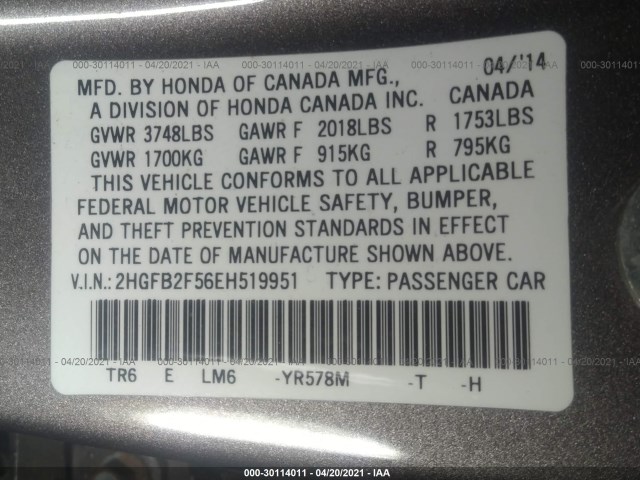 Photo 8 VIN: 2HGFB2F56EH519951 - HONDA CIVIC SEDAN 