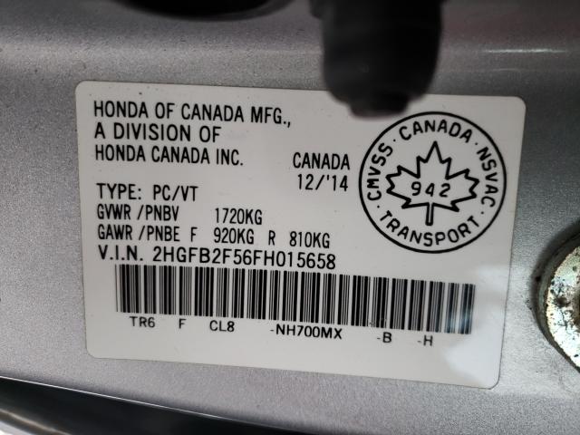 Photo 9 VIN: 2HGFB2F56FH015658 - HONDA CIVIC LX 