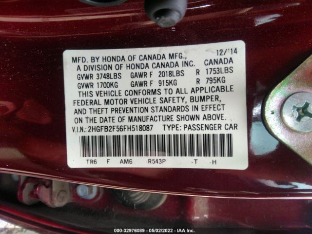 Photo 8 VIN: 2HGFB2F56FH518087 - HONDA CIVIC SEDAN 