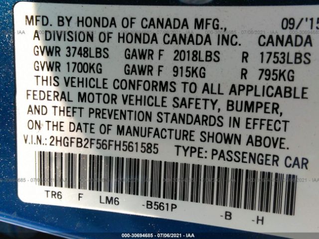 Photo 8 VIN: 2HGFB2F56FH561585 - HONDA CIVIC SEDAN 